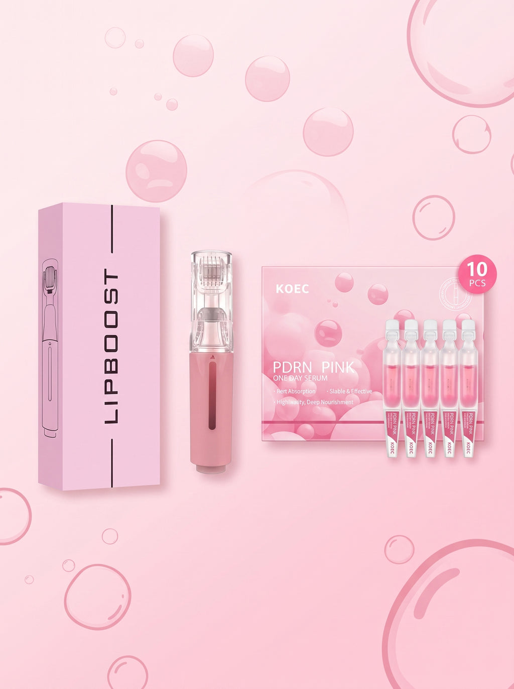 Flat lay del kit Volumen Labios: roller LipBoost, caja KOEC PDRN Pink y 10 ampollas de sérum