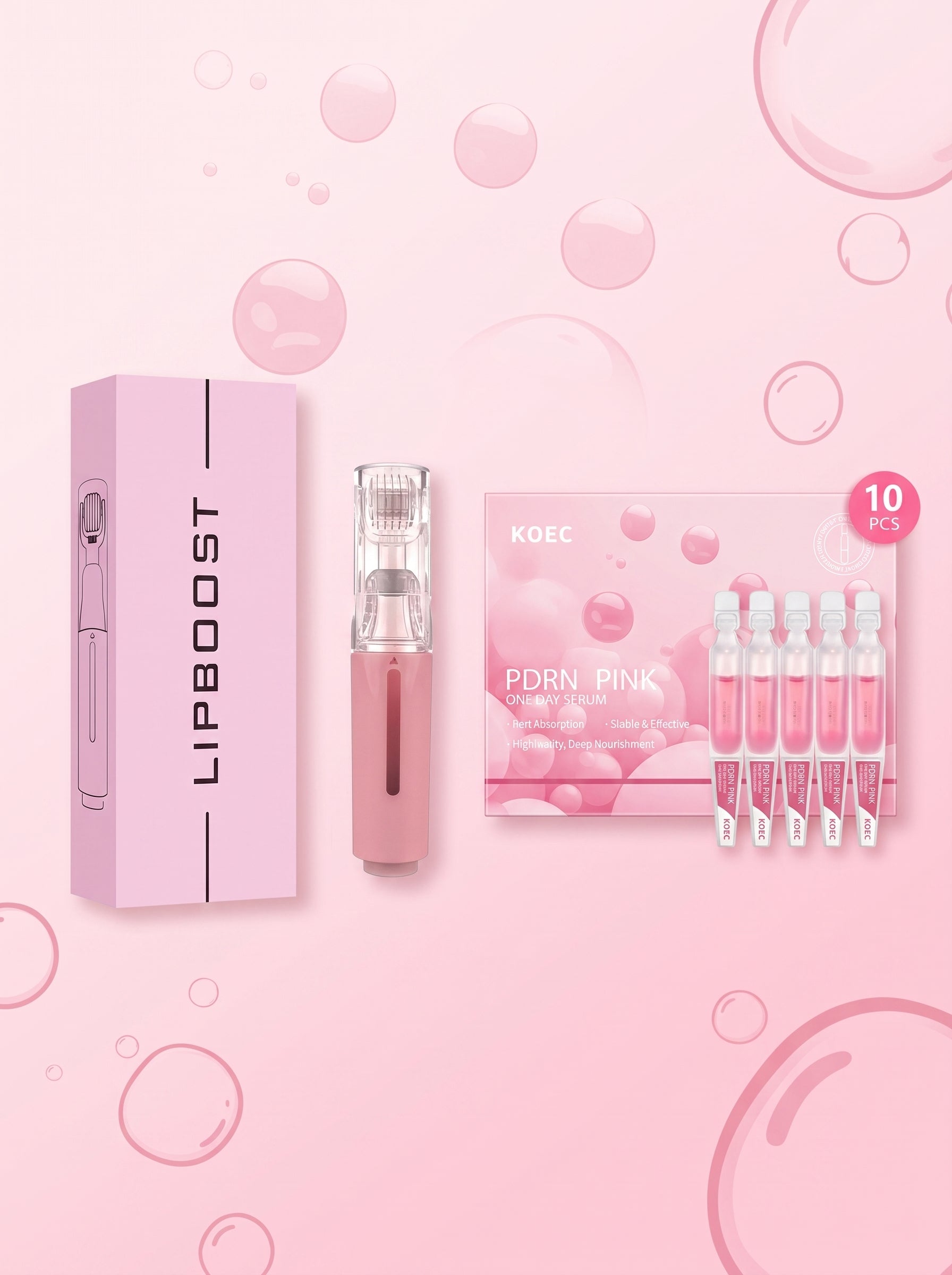 Flat lay del kit Volumen Labios: roller LipBoost, caja KOEC PDRN Pink y 10 ampollas de sérum