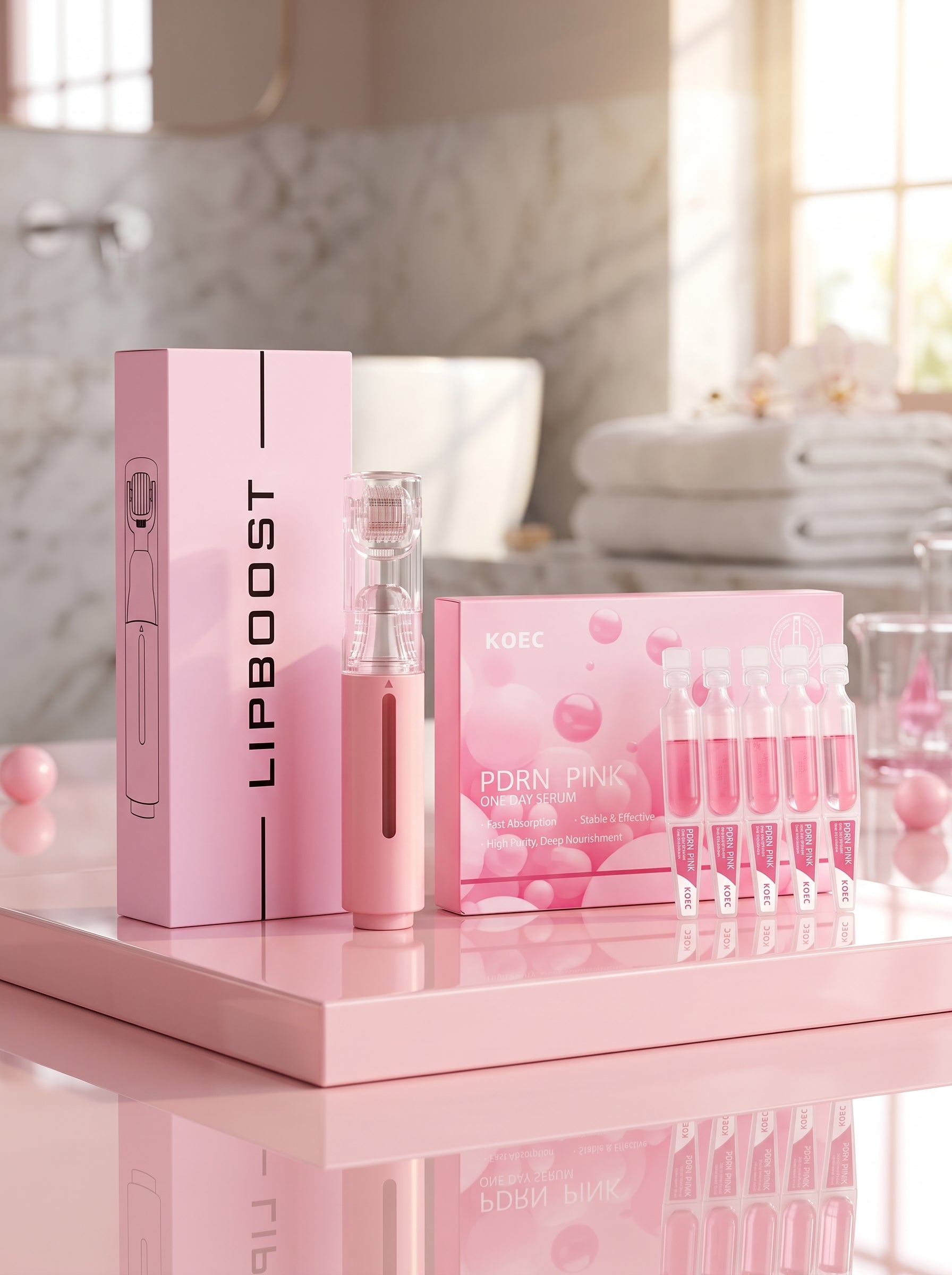 Kit Volumen Labios PDRN sobre podio rosa en ambiente spa