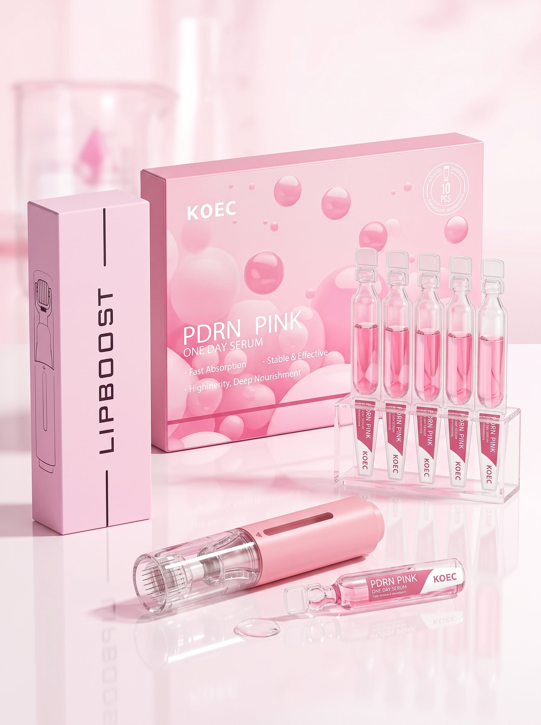 Kit de microinfusión Volumen Labios: roller, caja PDRN Pink y ampollas de sérum sobre fondo rosa