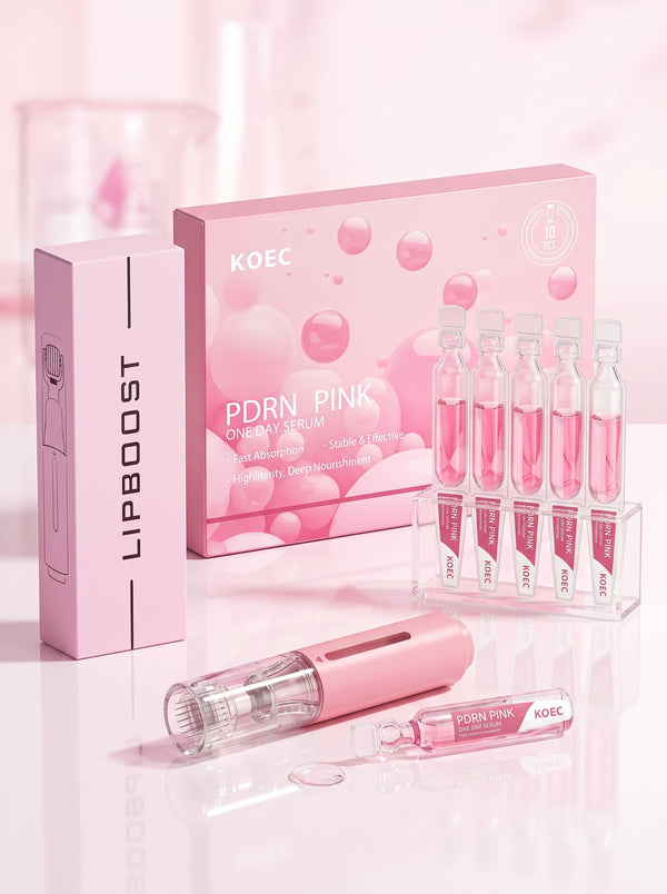 Kit de microinfusión Volumen Labios: roller, caja PDRN Pink y ampollas de sérum sobre fondo rosa