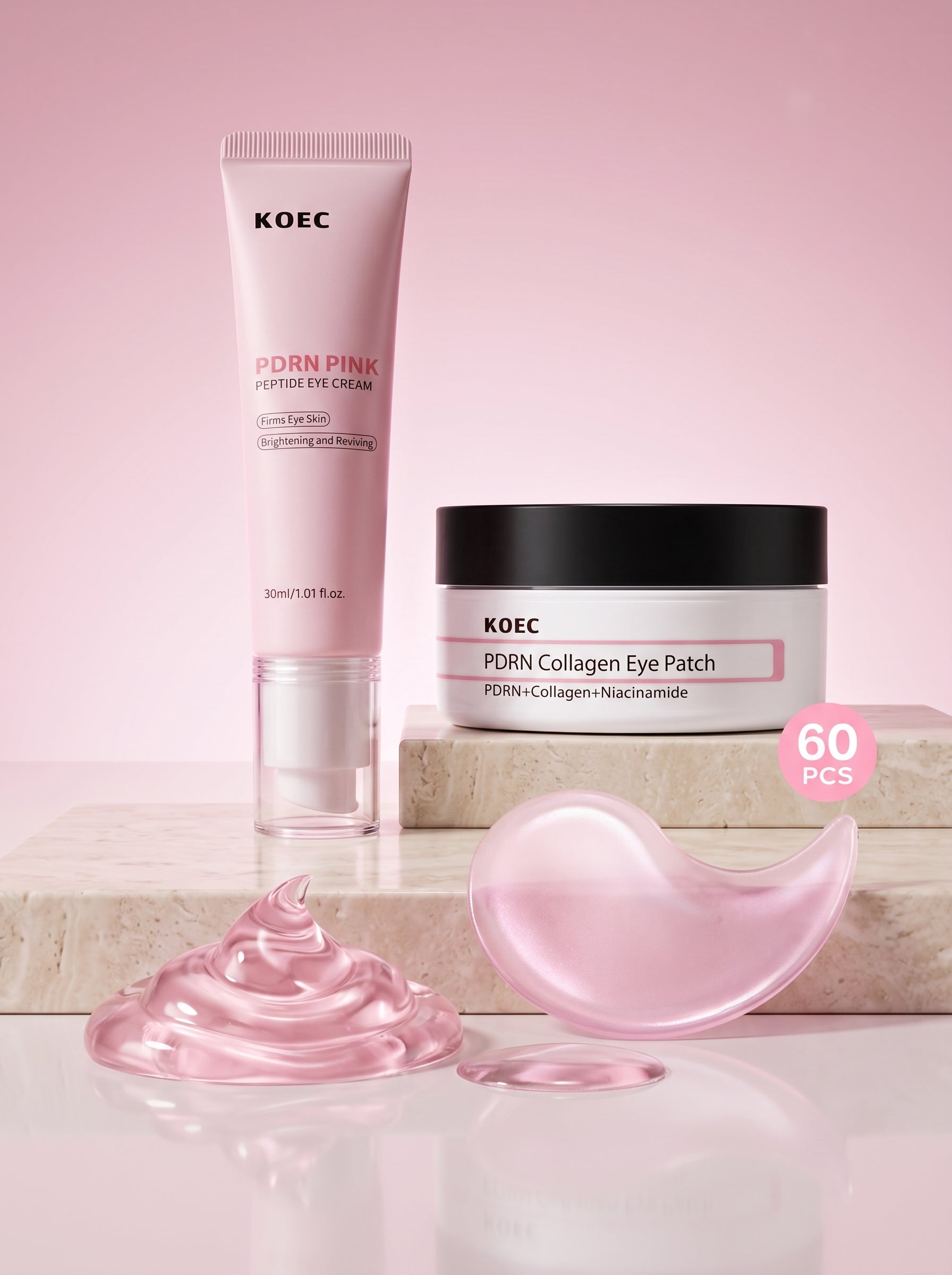 Combo Contorno de Ojos — crema PDRN Pink y parches PDRN + Colágeno KOEC, los dos productos juntos