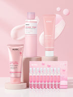 Rutina Glass Skin — los cuatro productos sobre pedestales