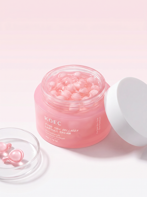 Crema en Cápsulas KOEC — ángulo 3/4 mostrando las cápsulas rosas de colágeno
