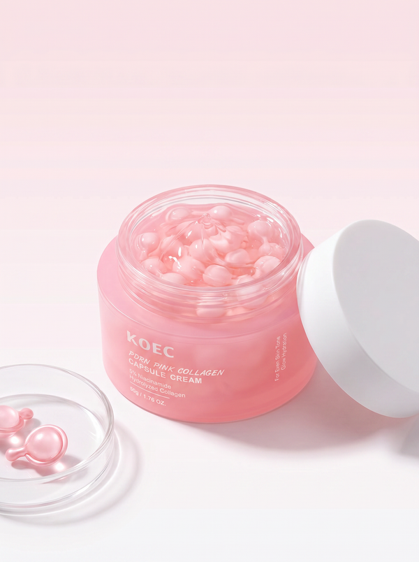Crema en Cápsulas KOEC — ángulo 3/4 mostrando las cápsulas rosas de colágeno