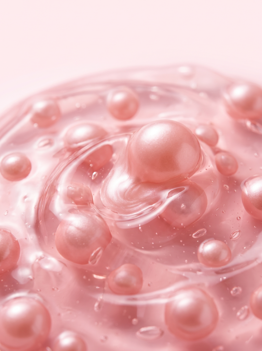 Crema en Cápsulas KOEC — macro de textura: perlas rosas de colágeno en gel