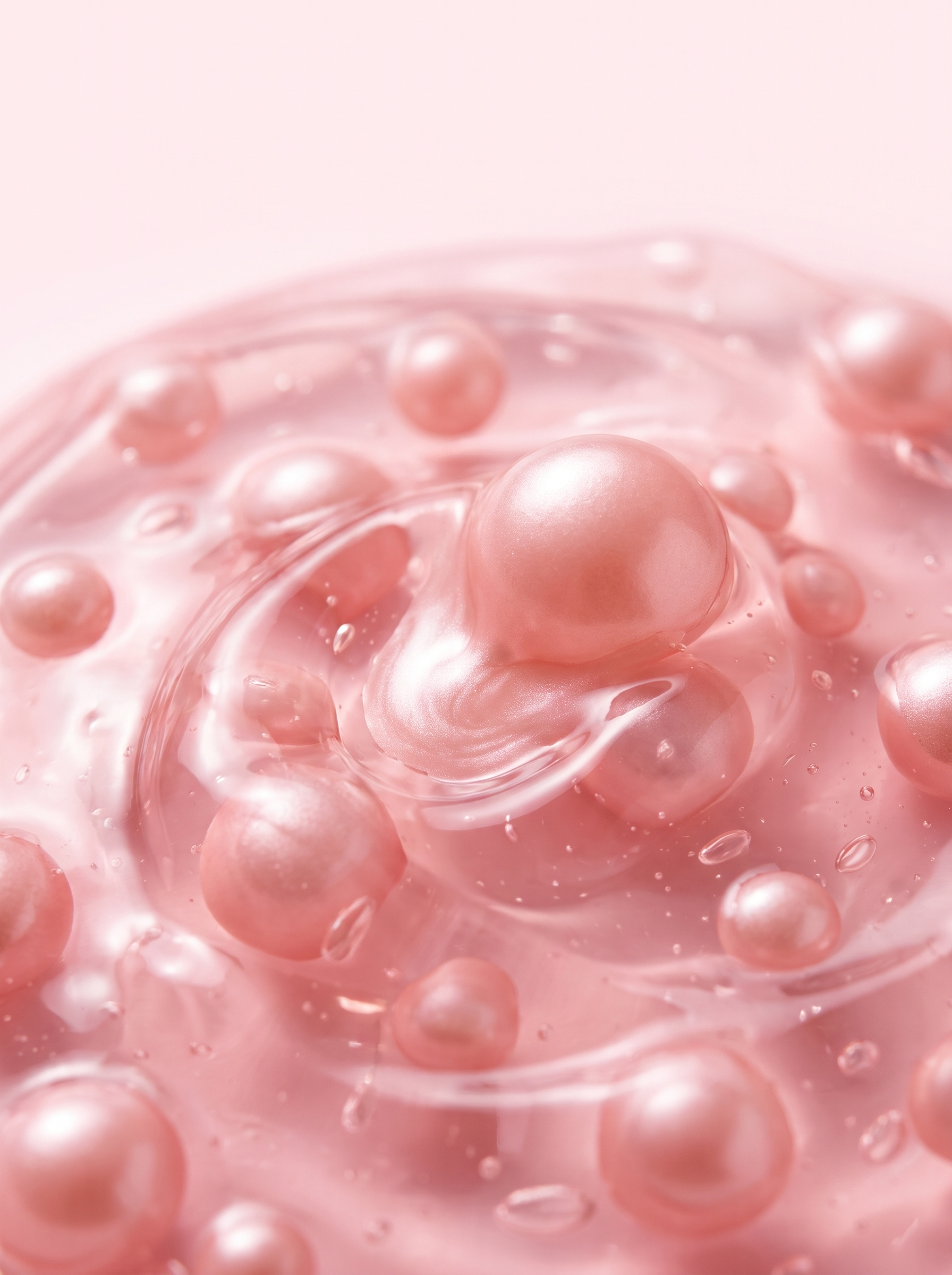 Crema en Cápsulas KOEC — macro de textura: perlas rosas de colágeno en gel