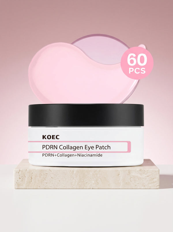 KOEC Parches de Ojos PDRN + Colágeno — frasco en plinto