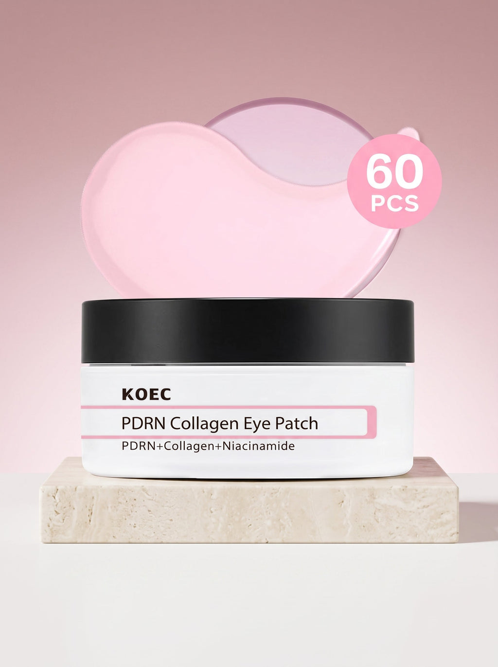 Parches de Ojos PDRN + Colágeno KOEC — frasco en plinto