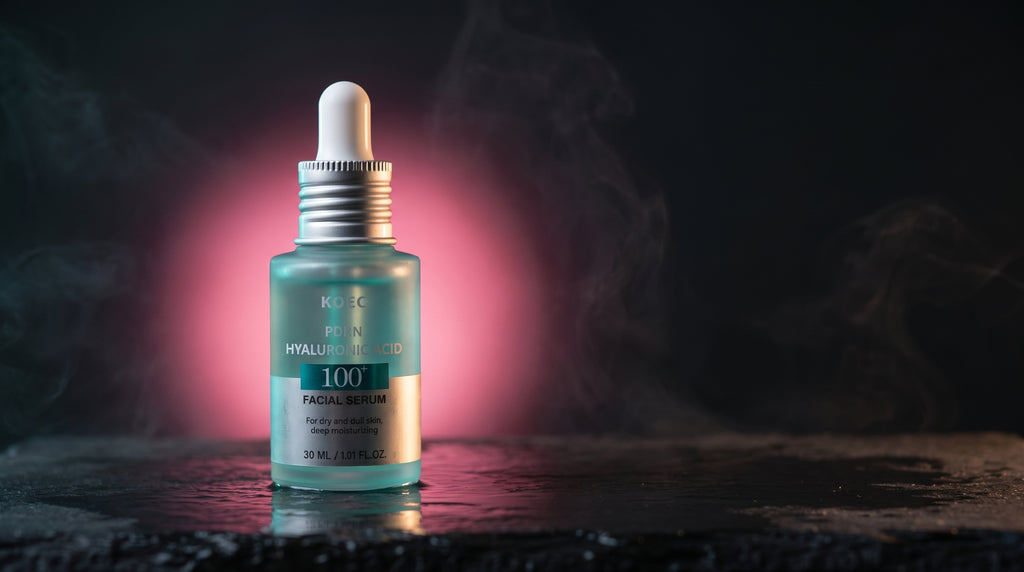 Sérum PDRN + Ácido Hialurónico 100+ — frasco teal con glow rosa