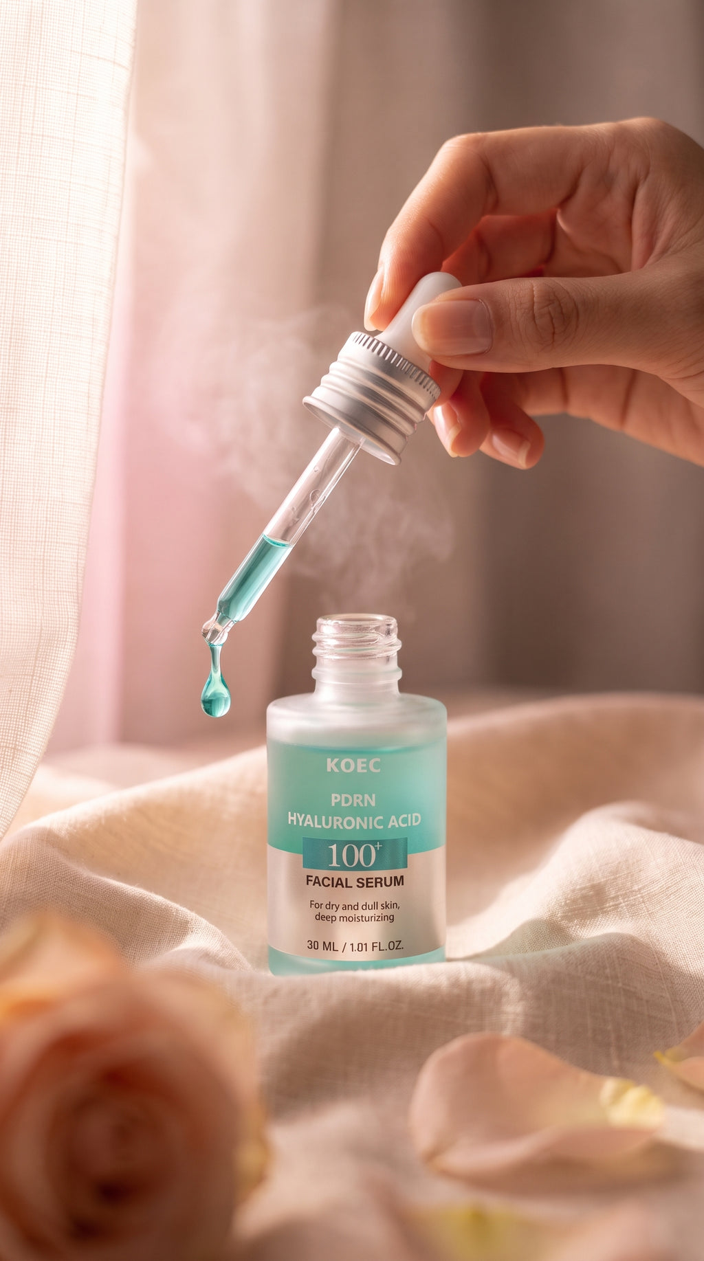 Sérum PDRN + Ácido Hialurónico 100+ — gesto de aplicación con gotero