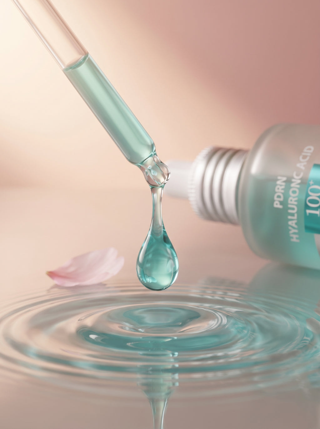 Sérum PDRN + Ácido Hialurónico 100+ — macro de la gota teal sobre agua