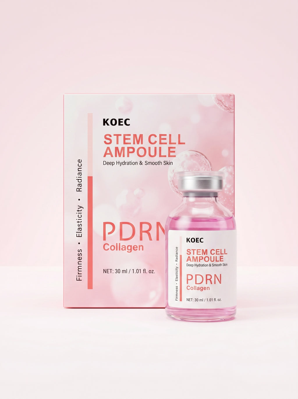Ampolla Stem Cell PDRN + Colágeno KOEC 30 ml con su caja rosa