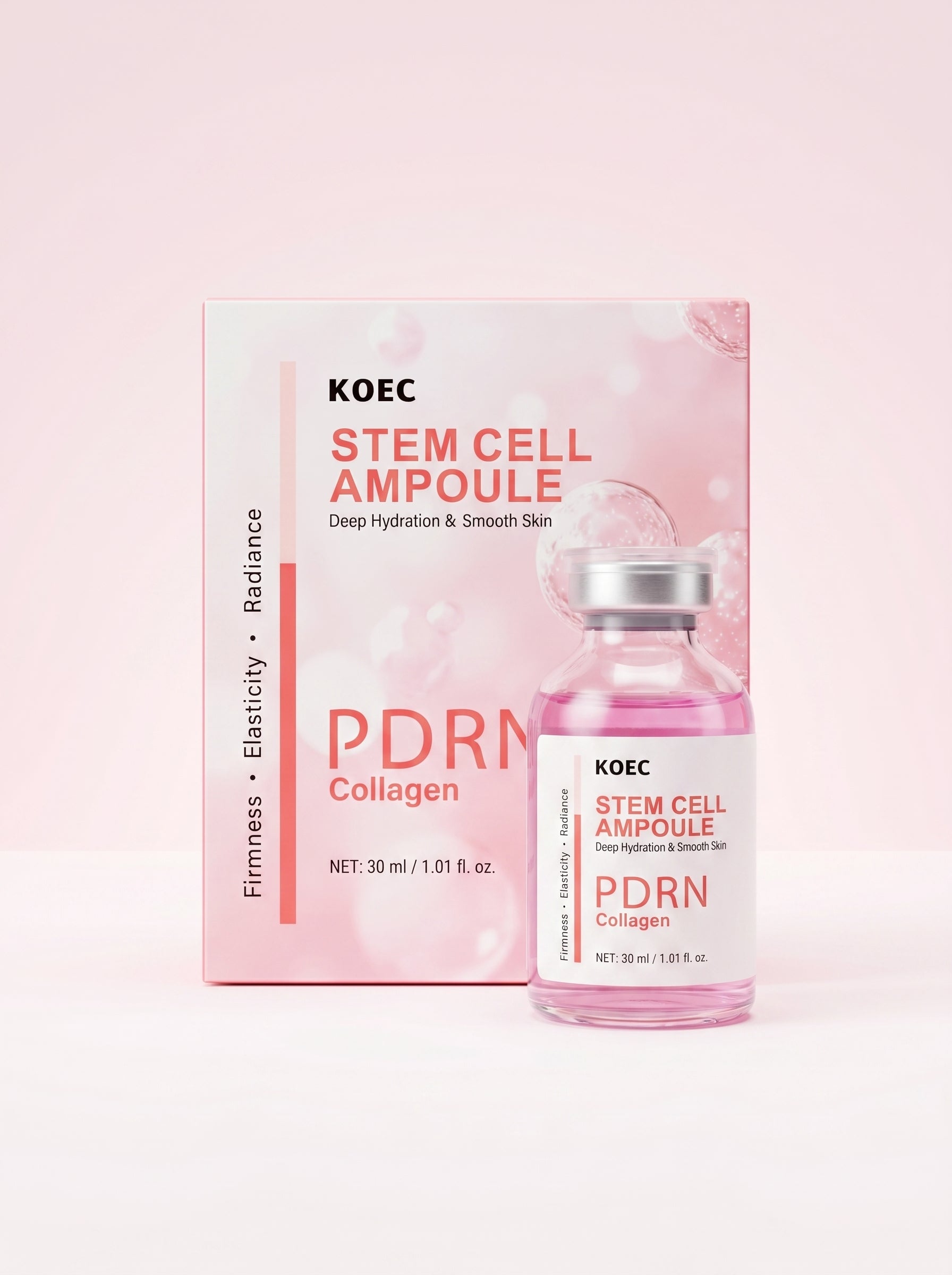 Ampolla Stem Cell PDRN + Colágeno KOEC 30 ml con su caja rosa