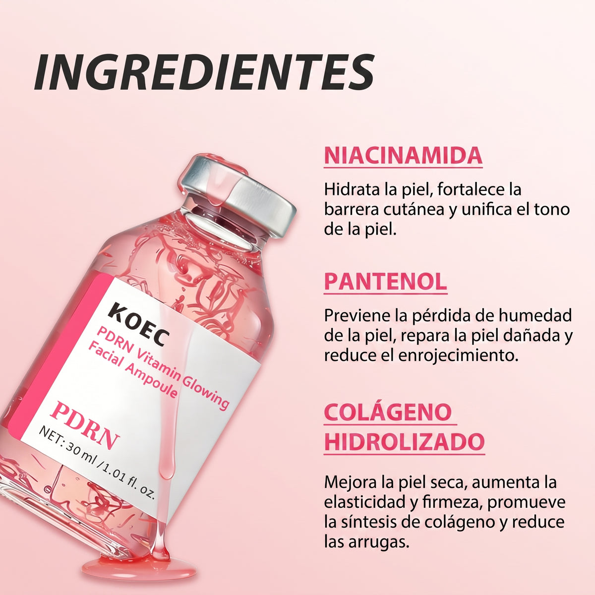 Ingredientes en español — niacinamida, pantenol y colágeno hidrolizado