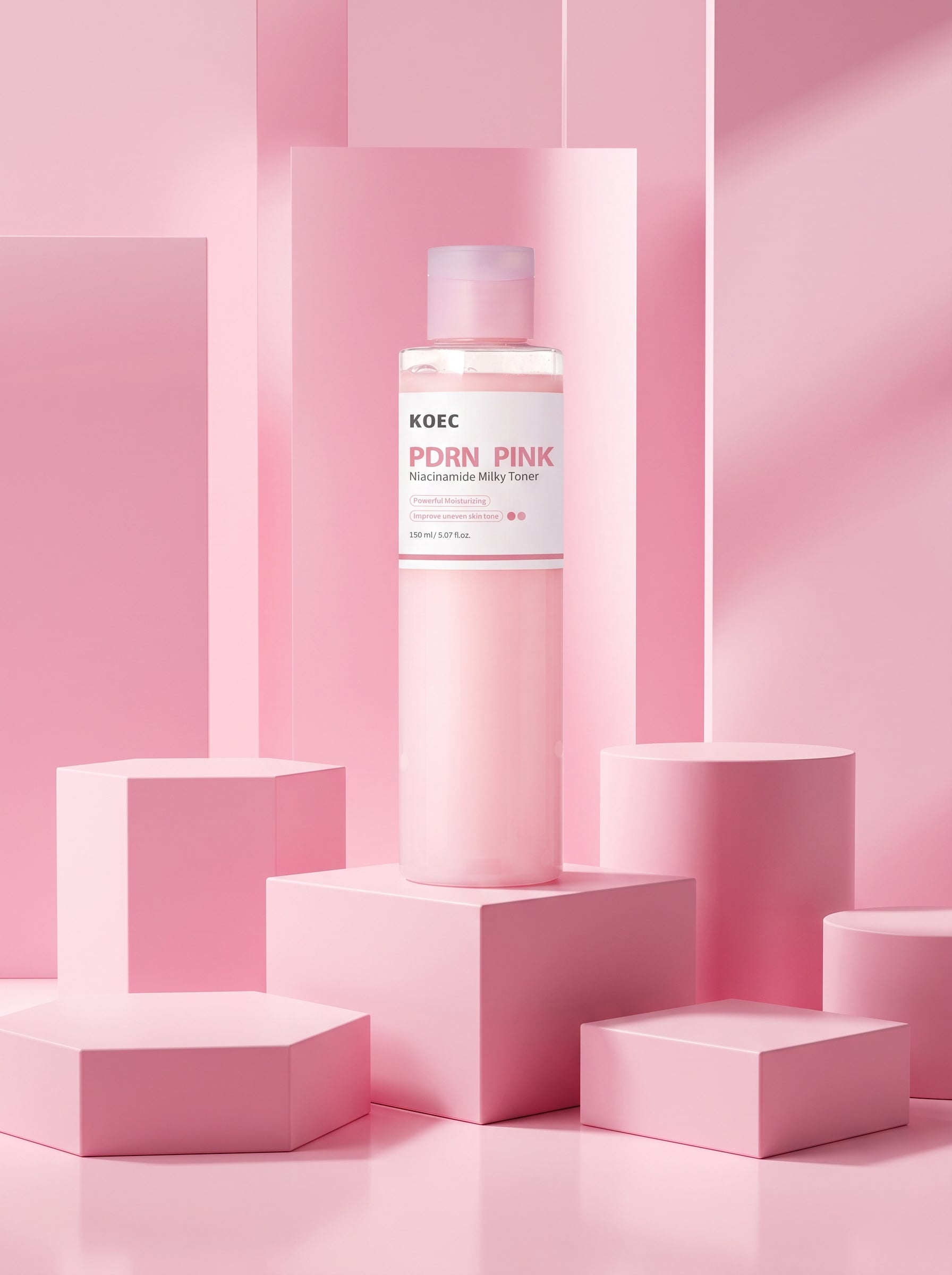 Tóner leche KOEC PDRN Pink en podios rosas