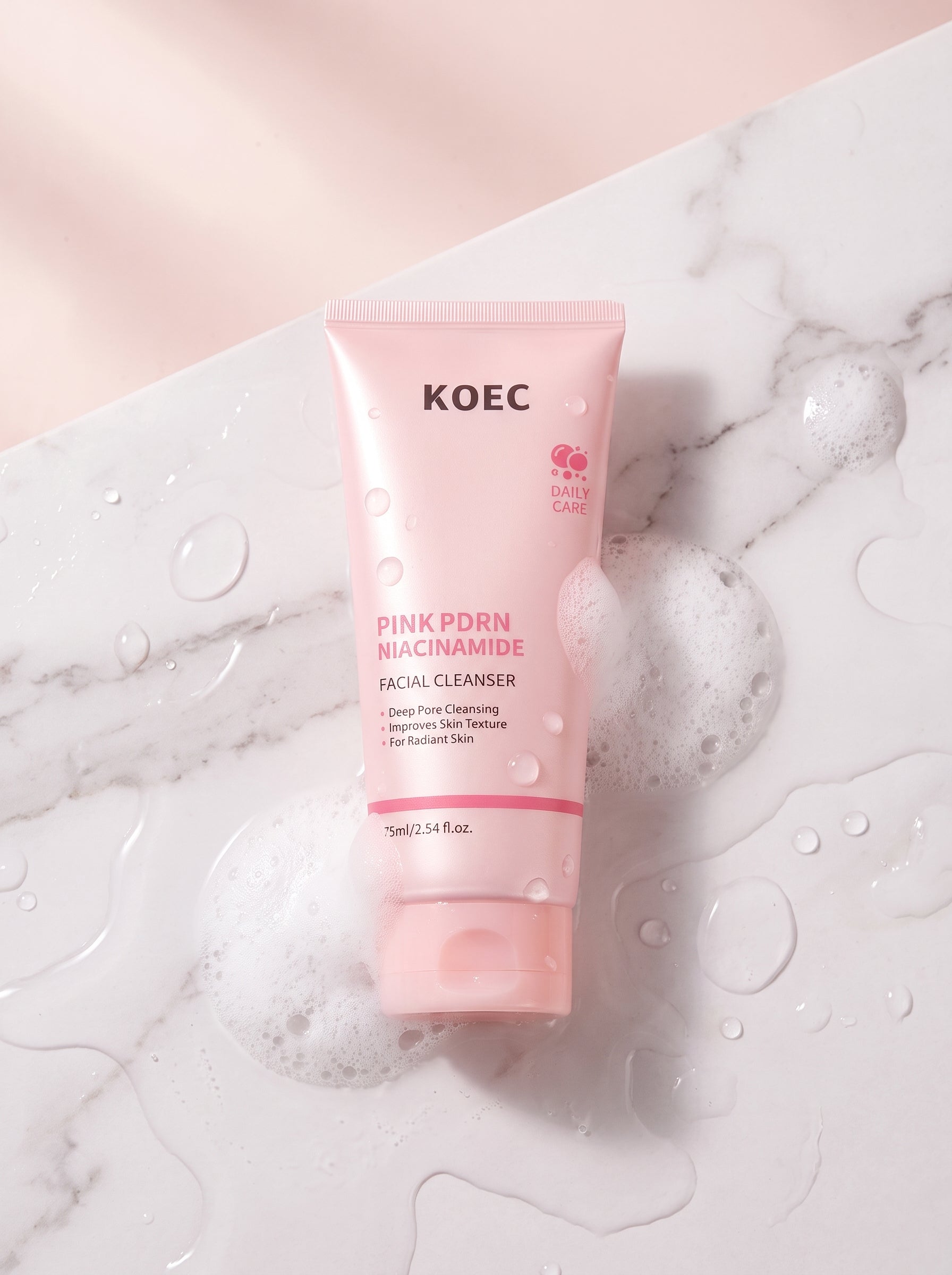 Limpiador Facial Rosa PDRN KOEC sobre mármol