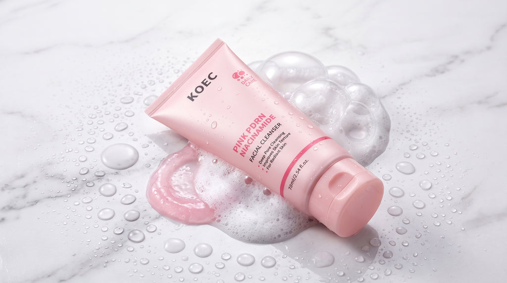 Limpiador Facial Rosa PDRN KOEC con espuma sobre mármol