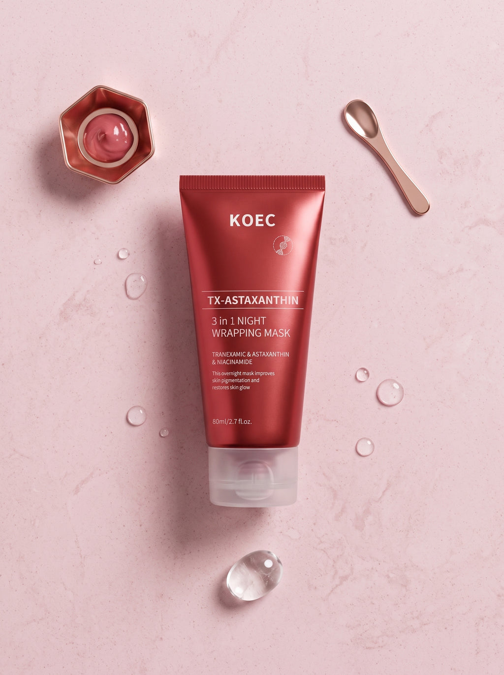 Mascarilla nocturna KOEC — textura rosa y cuchara dosificadora