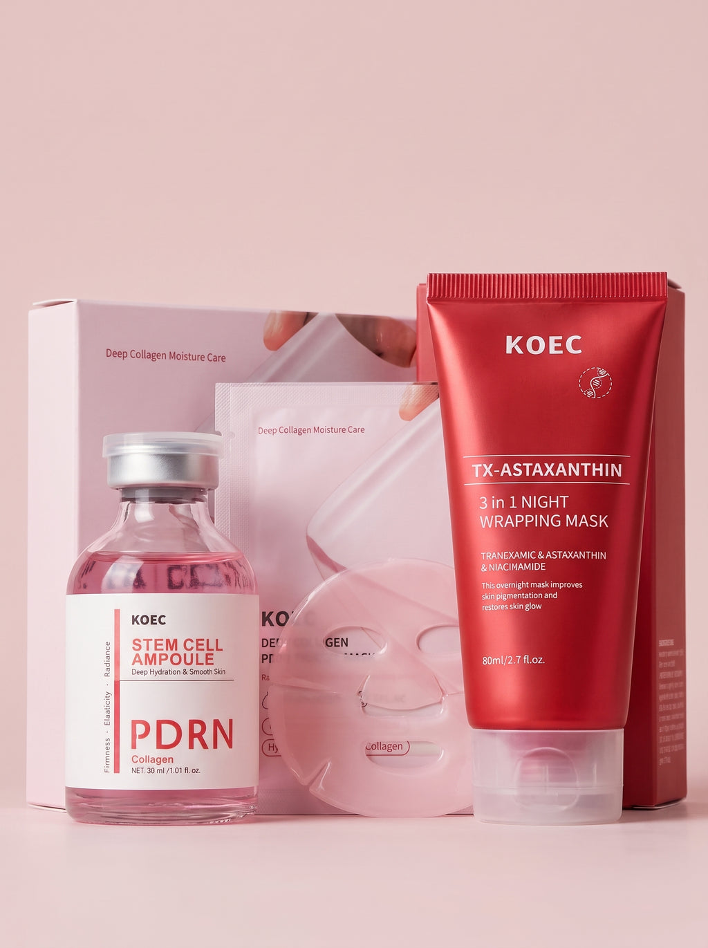 Ritual de Noche Reparador — los tres productos del combo sobre fondo blush