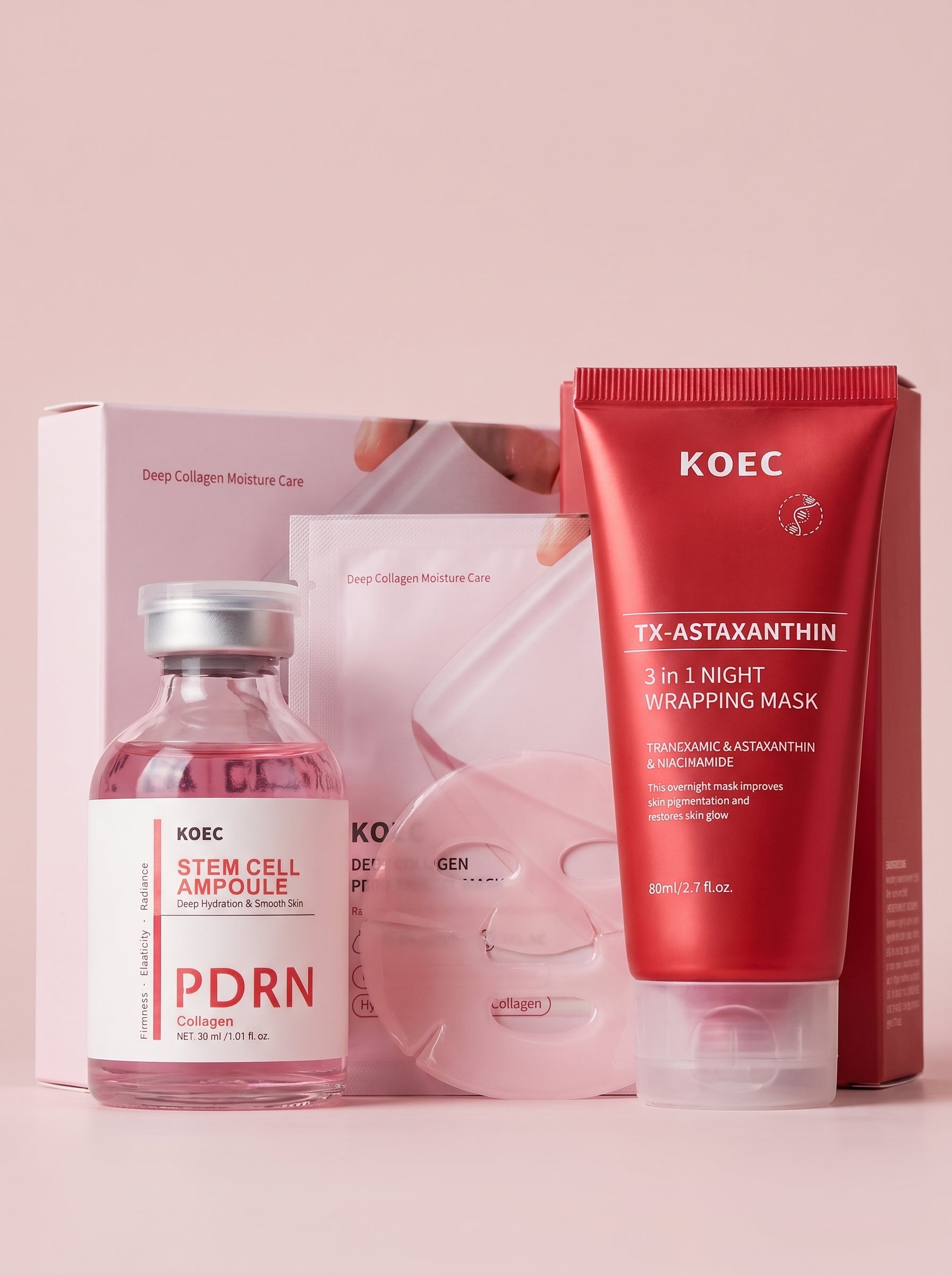 Ritual de Noche Reparador — los tres productos del combo sobre fondo blush